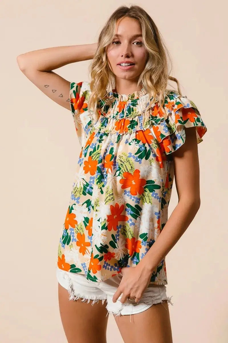 BiBi Multi Color Floral Print Woven Top for Women - Love Salve